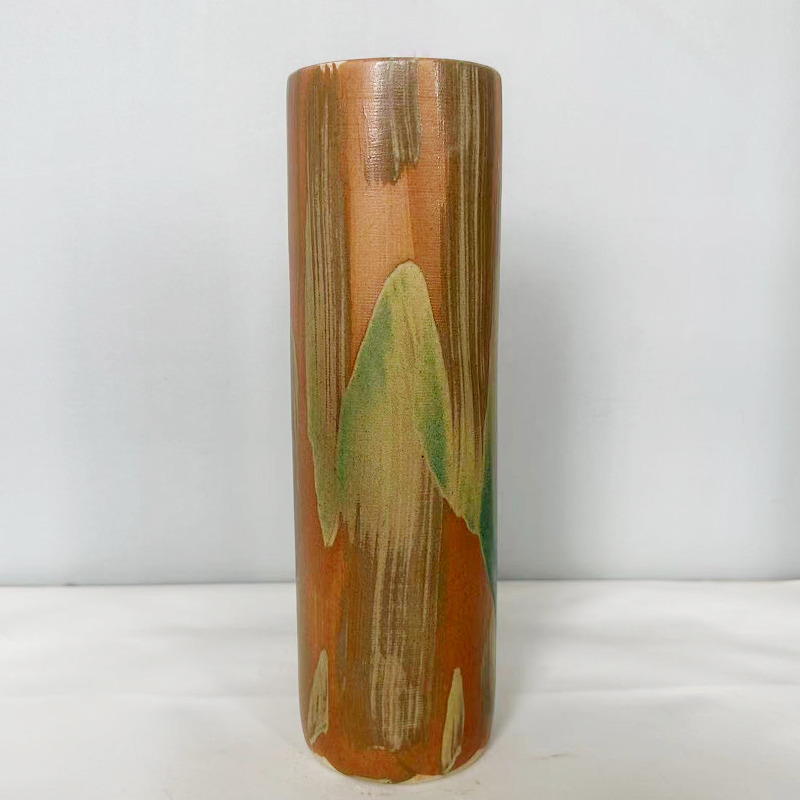 Artisan Amber & Green Glazed Ceramic Cylinder Vase