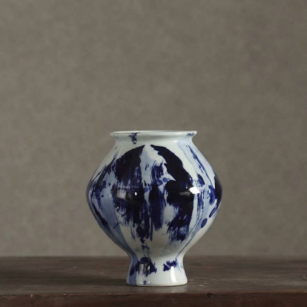 Blue & White Ink-Wash Ceramic Round Belly Vase, Abstract Splatter Glaze | Artisan Flower Vase for Home Decor