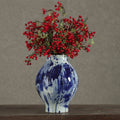 Blue & White Ink-Wash Ceramic Round Belly Vase, Abstract Splatter Glaze | Artisan Flower Vase for Home Decor