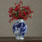 Blue & White Ink-Wash Ceramic Round Belly Vase, Abstract Splatter Glaze | Artisan Flower Vase for Home Decor