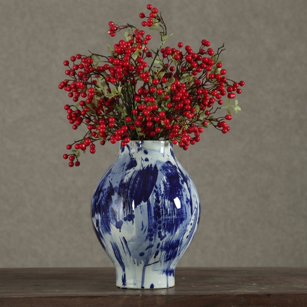 Blue & White Ink-Wash Ceramic Round Belly Vase, Abstract Splatter Glaze | Artisan Flower Vase for Home Decor
