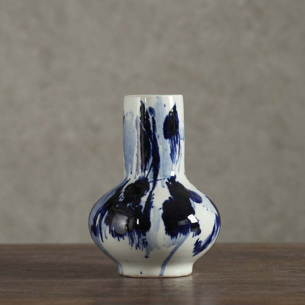 Blue & White Ink-Wash Ceramic Round Belly Vase, Abstract Splatter Glaze | Artisan Flower Vase for Home Decor