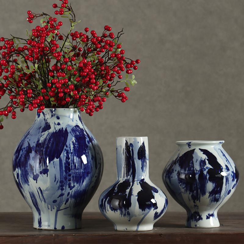 Blue & White Ink-Wash Ceramic Round Belly Vase, Abstract Splatter Glaze | Artisan Flower Vase for Home Decor