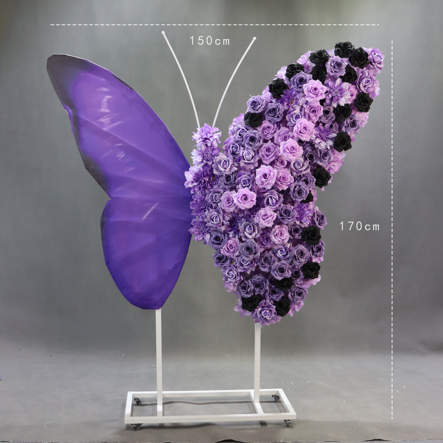 Asymmetrical Silk Flower Butterfly Art Installation With Wheels Dark Purple Event Stage Display Prop