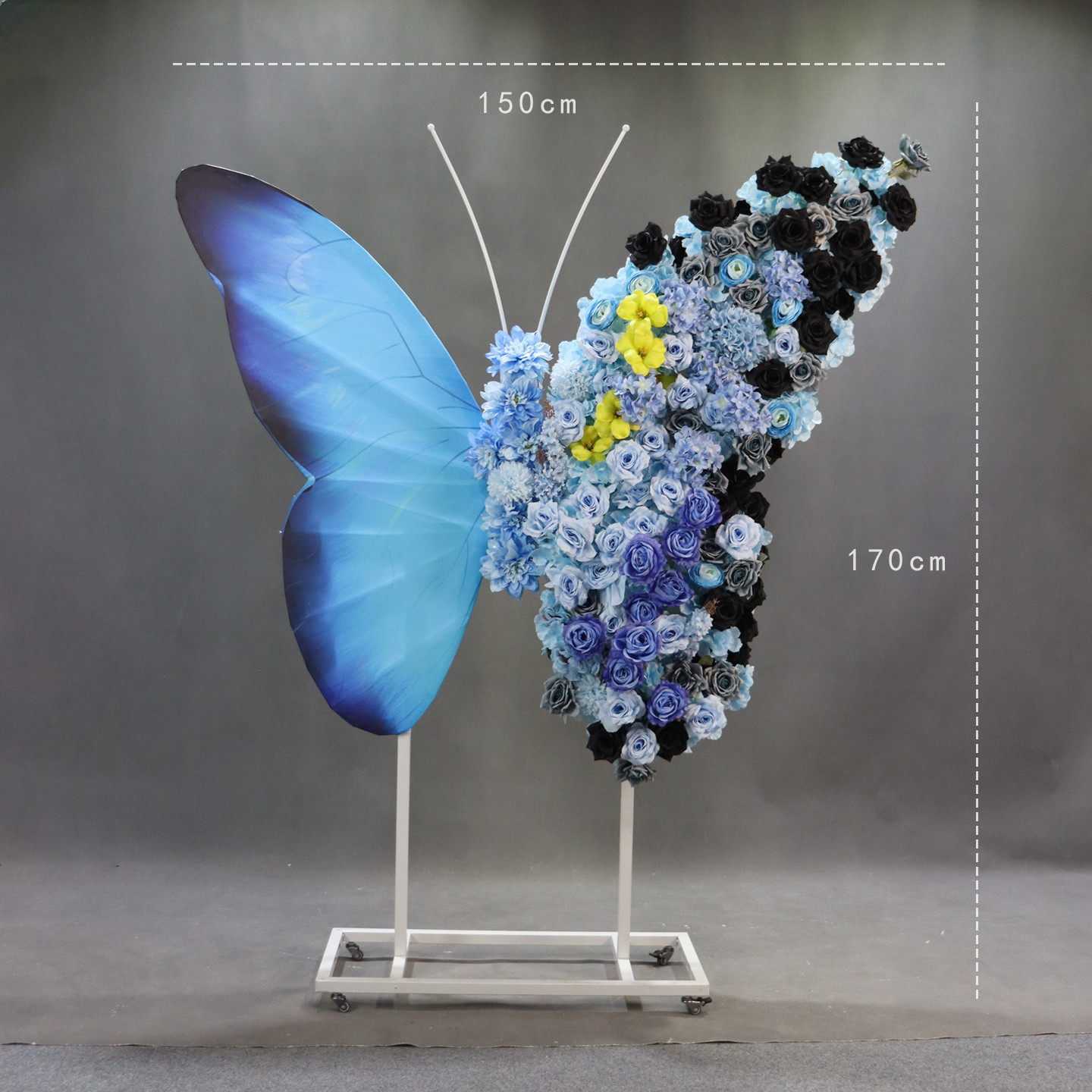 Large Blue Black Floral Butterfly Prop Wheeled Stand Wedding Photo Booth Backdrop Decor