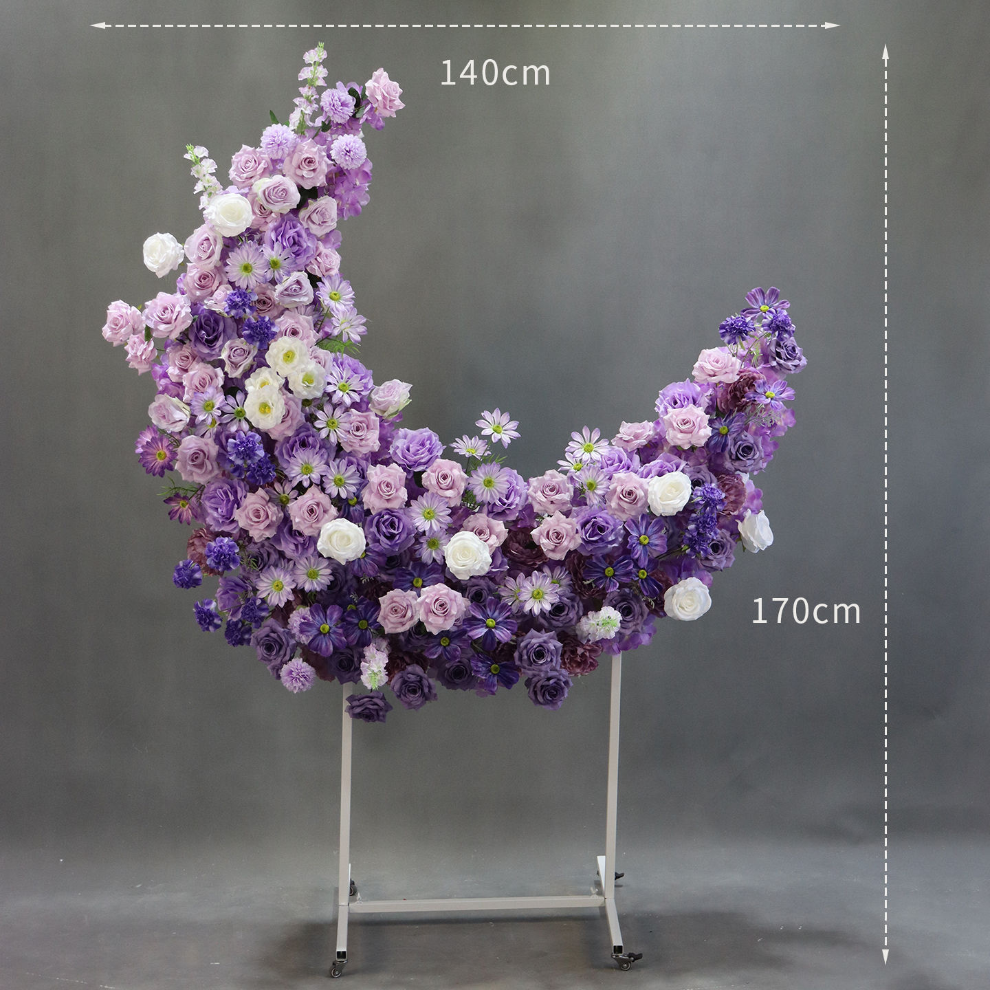 Purple White Crescent Moon Floral Arrangement Wheeled Stand Wedding Photo Backdrop Decor