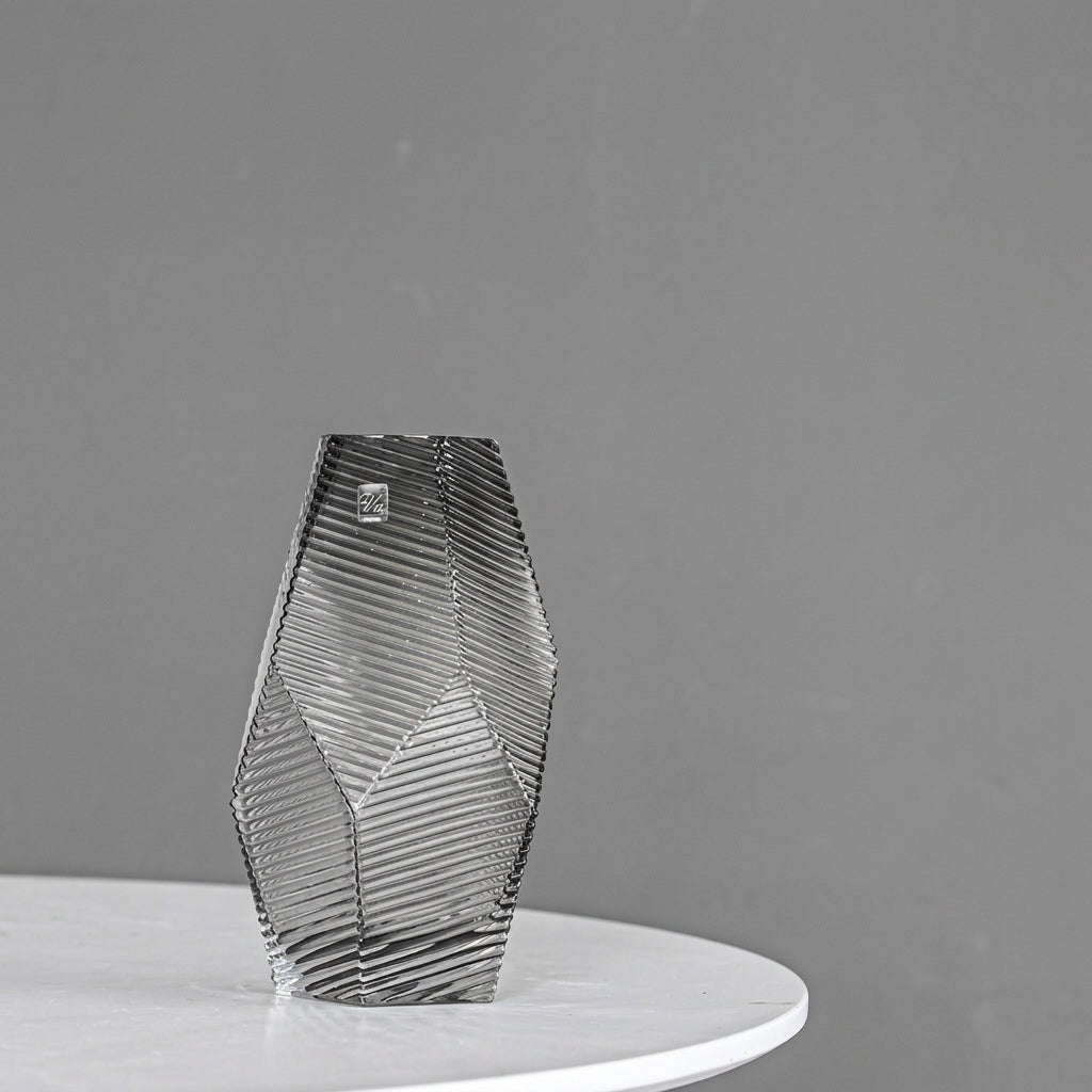 Clear Glass Vase with Herringbone Ribbed Texture, Modern Geometric | Crystal Flower Vase for Home Decor
