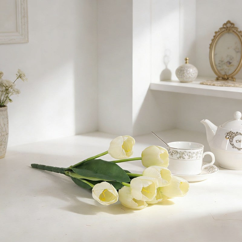 Nine-Bloom Artificial Tulip Branch, Auspicious Multi Shades for Housewarming Vase Styling - view 2