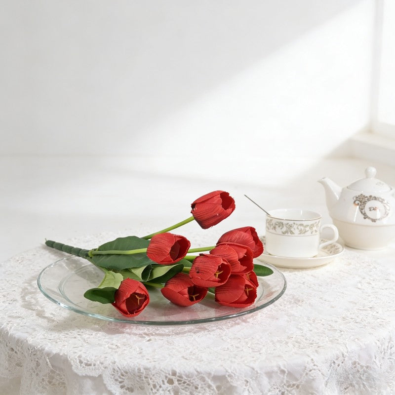 Nine-Bloom Artificial Tulip Branch, Auspicious Multi Shades for Housewarming Vase Styling - view 5