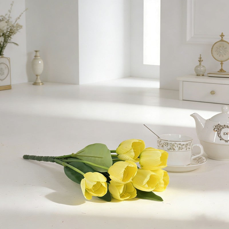 Nine-Bloom Artificial Tulip Branch, Auspicious Multi Shades for Housewarming Vase Styling - view 3