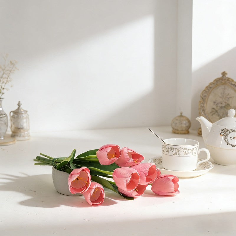 Nine-Bloom Artificial Tulip Branch, Auspicious Multi Shades for Housewarming Vase Styling - view 4