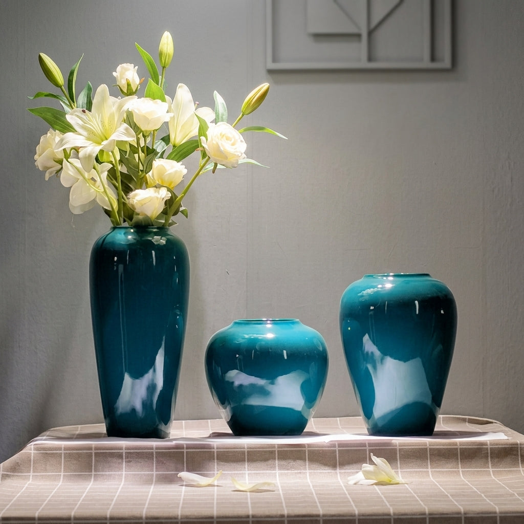 Glossy Teal Glaze Ceramic Tall Cylinder Vase | Classic Blue-Green Flower Vase for Home & Wedding Decor