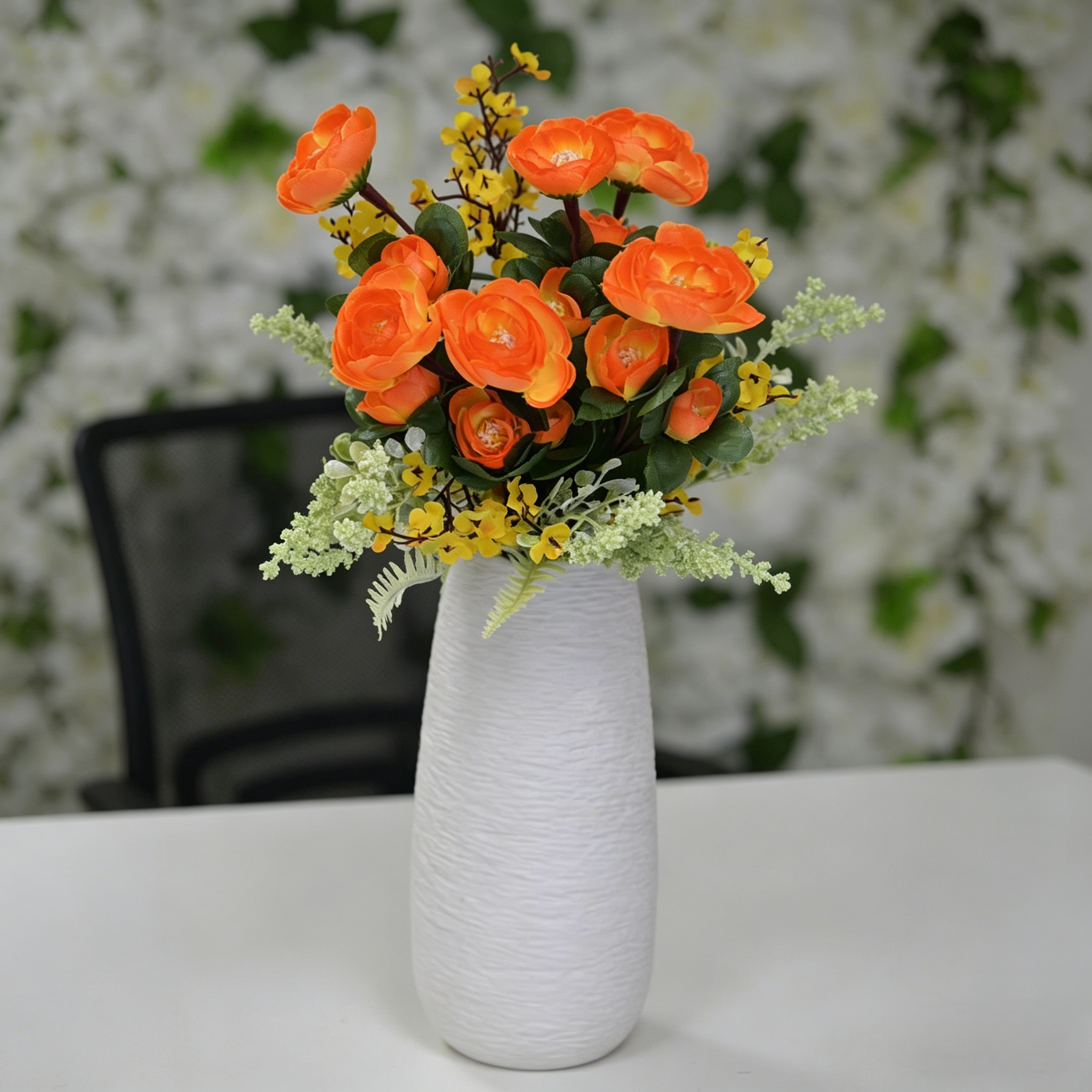 Artificial Orange Camellia Flower Arrangement with White Vase for Home Decor