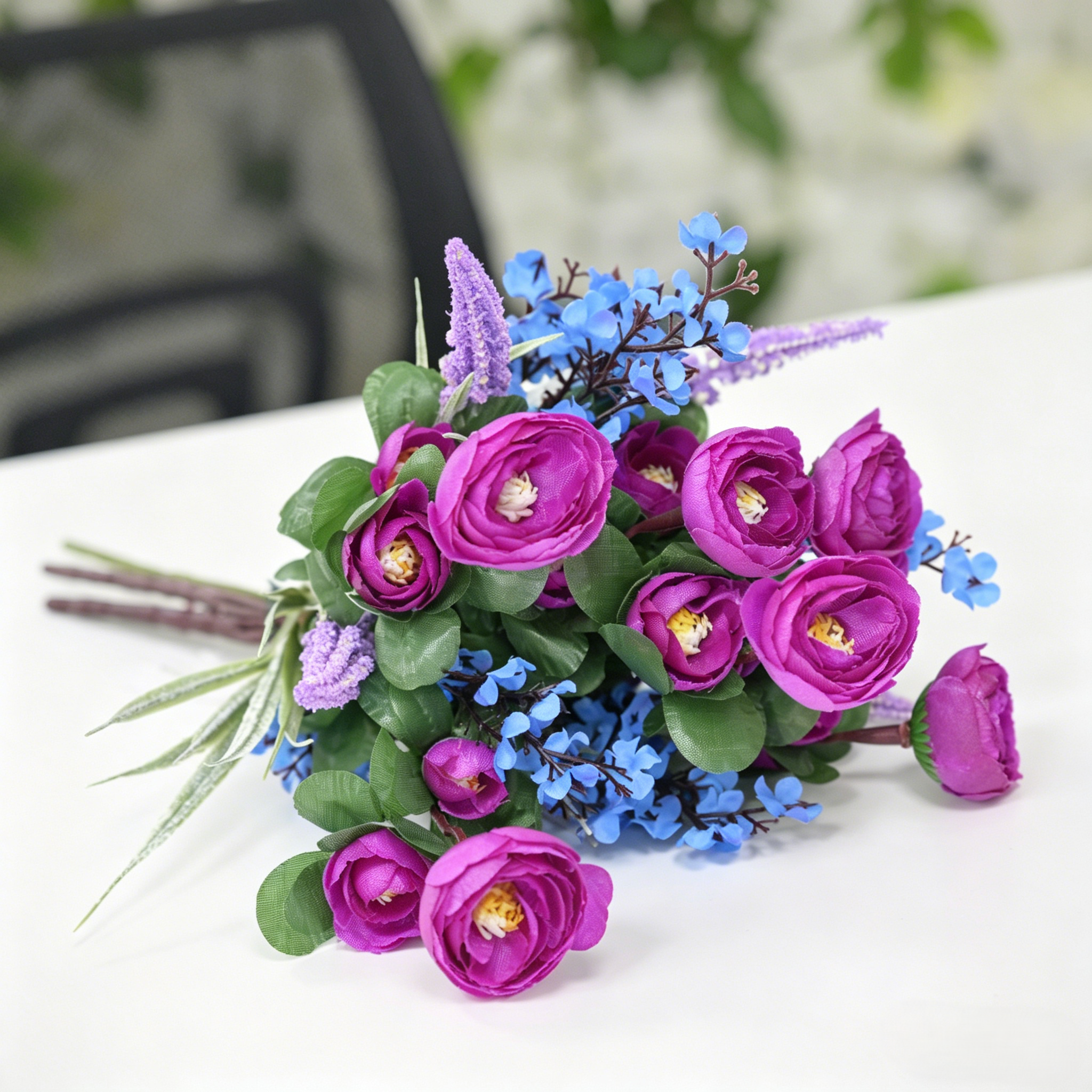 Artificial Purple Camellia Bouquet with Blue Baby's breath for Wedding & Home Decor