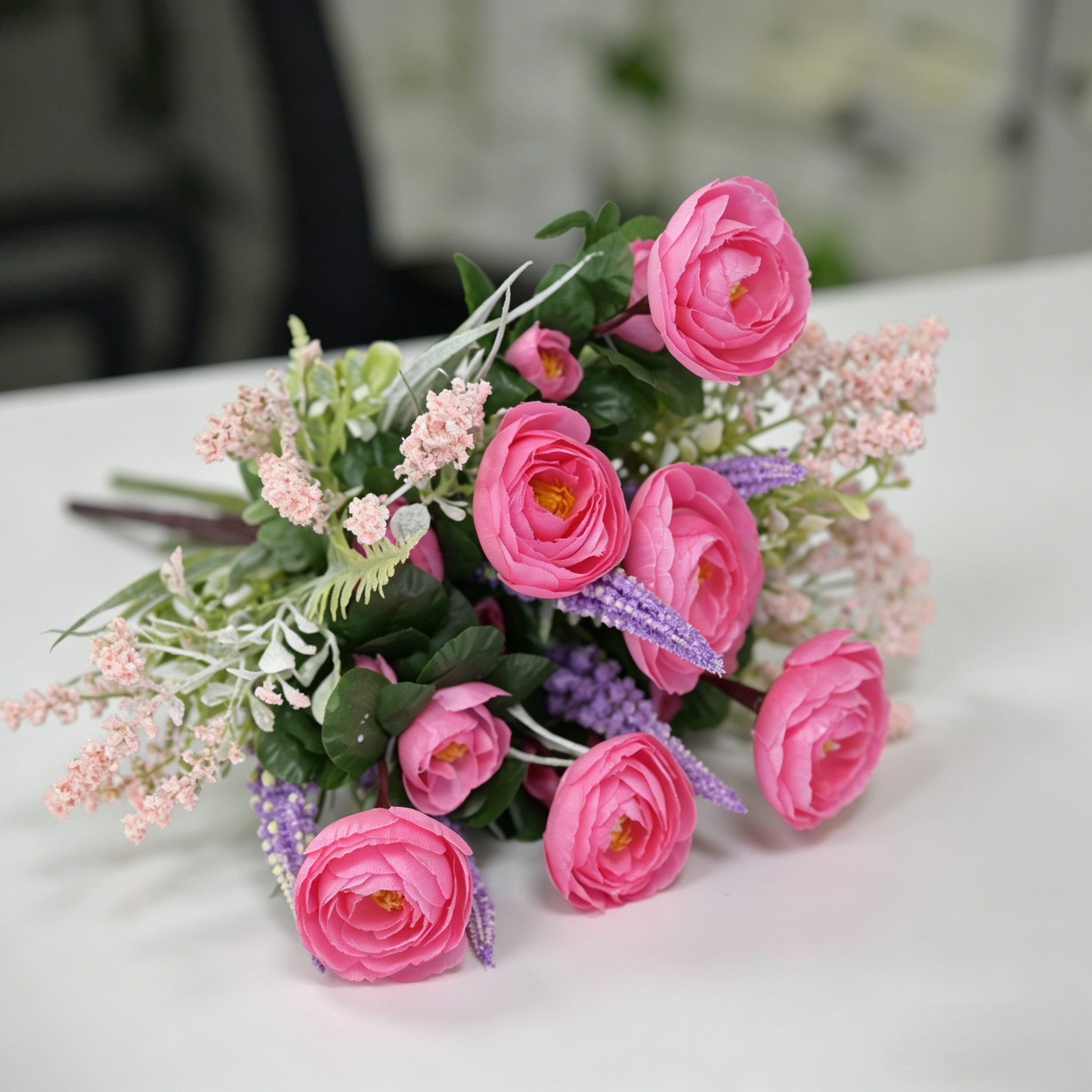 Artificial Hot Pink Camellia Bouquet with Lavender and Gypsophila for Wedding