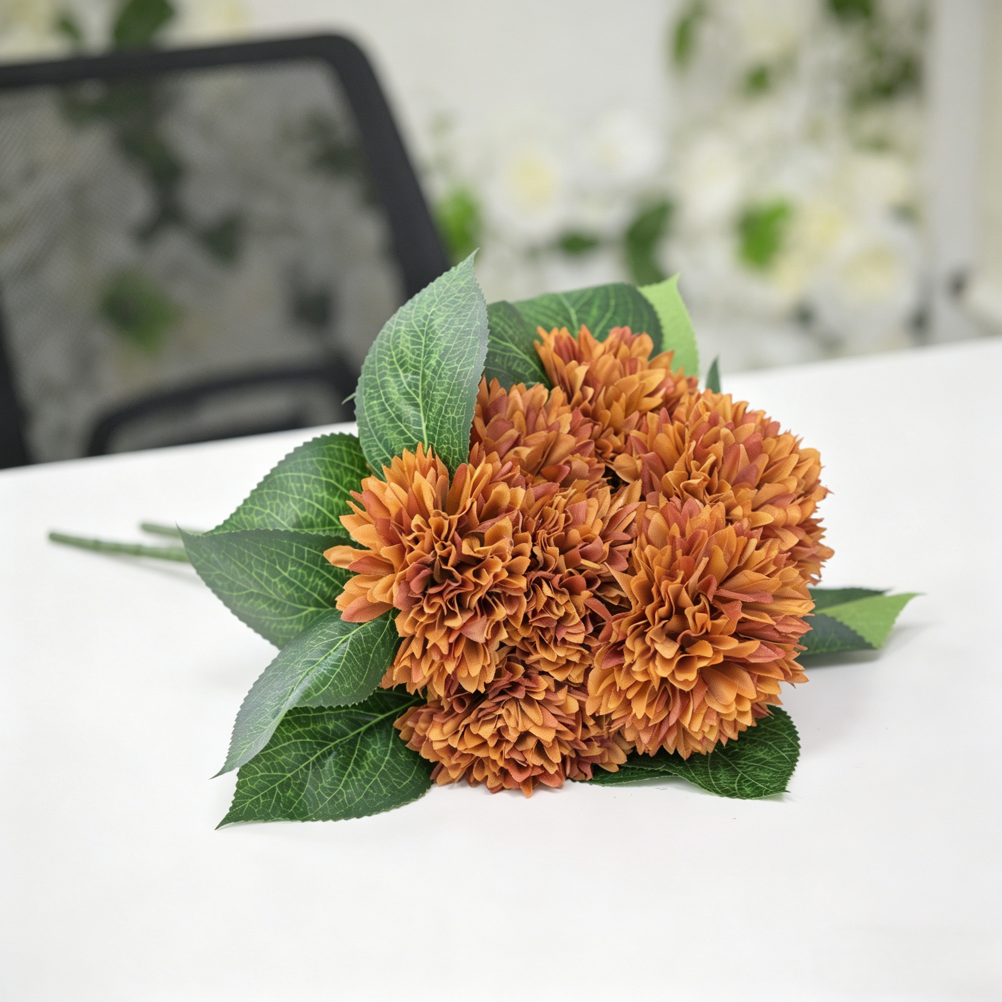 Artificial Burnt Orange Carnation Bouquet with Green Leaves | Home Decor,Wedding Decor