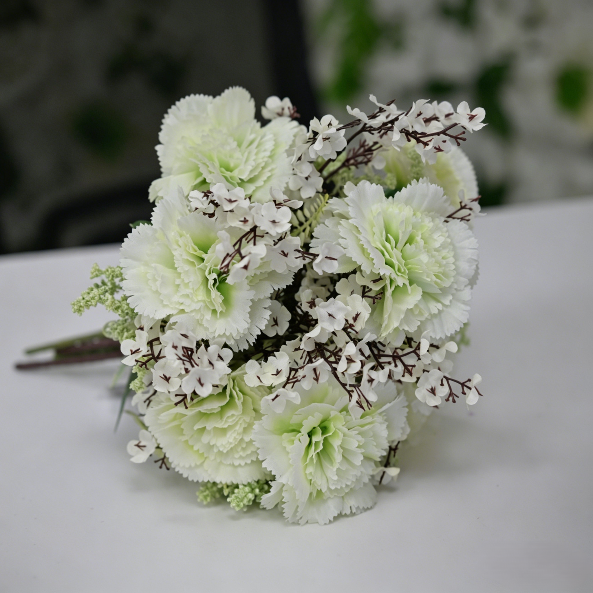 Artificial White-Green Carnation Bouquet with Gypsophila and Greenery