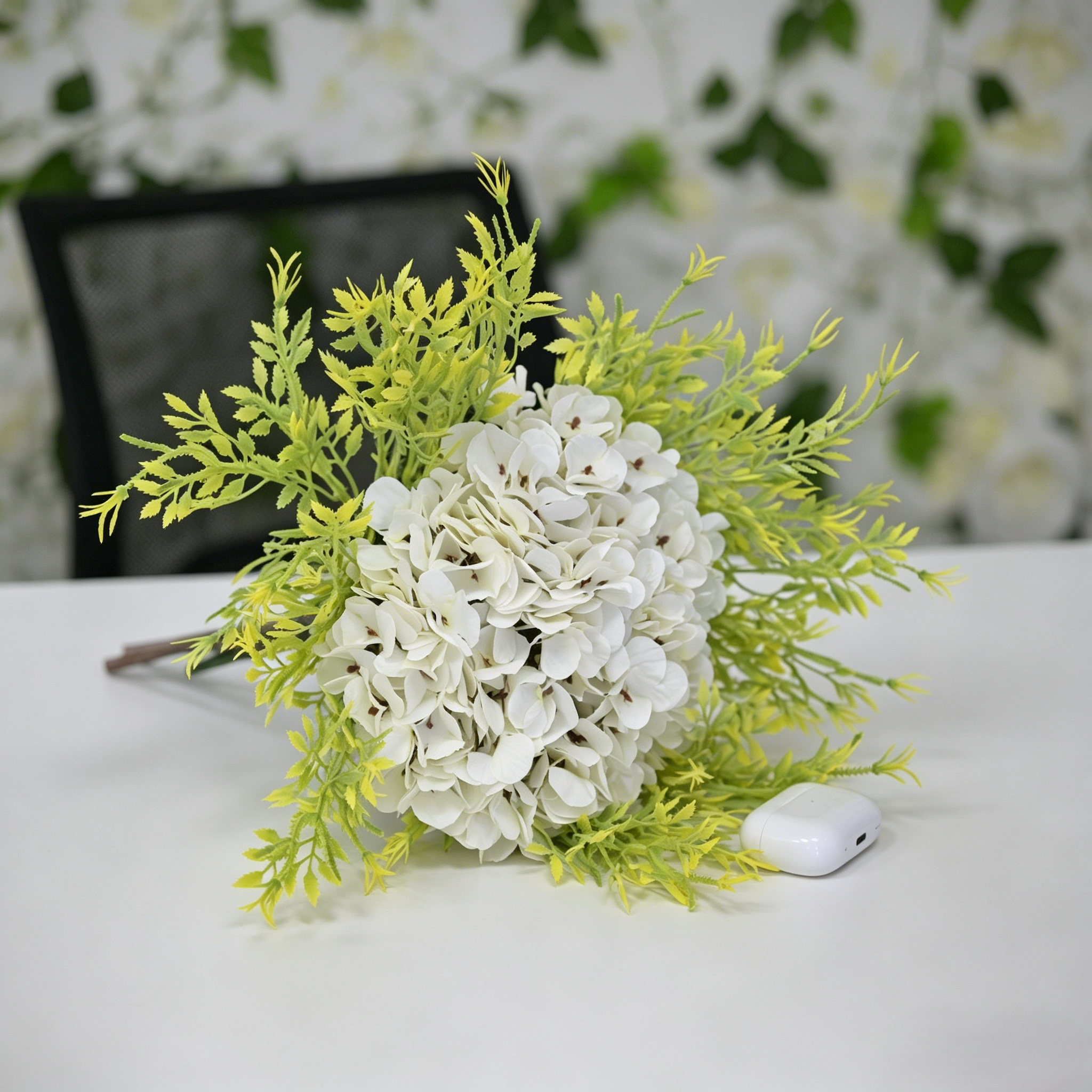 Artificial White Hydrangea Bouquet with Greenery for Home and Wedding Decor