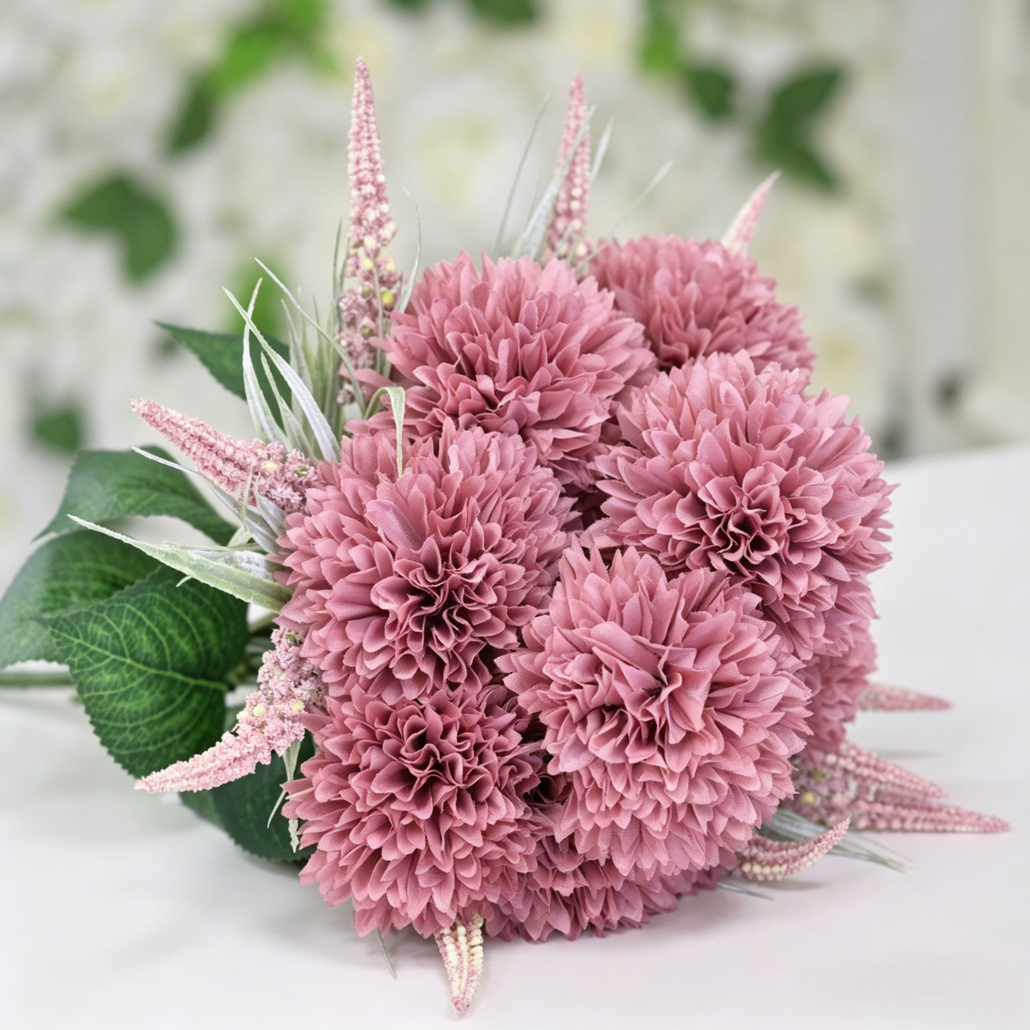 Artificial Dusty Pink Pom Pom Chrysanthemum Bouquet with Greenery