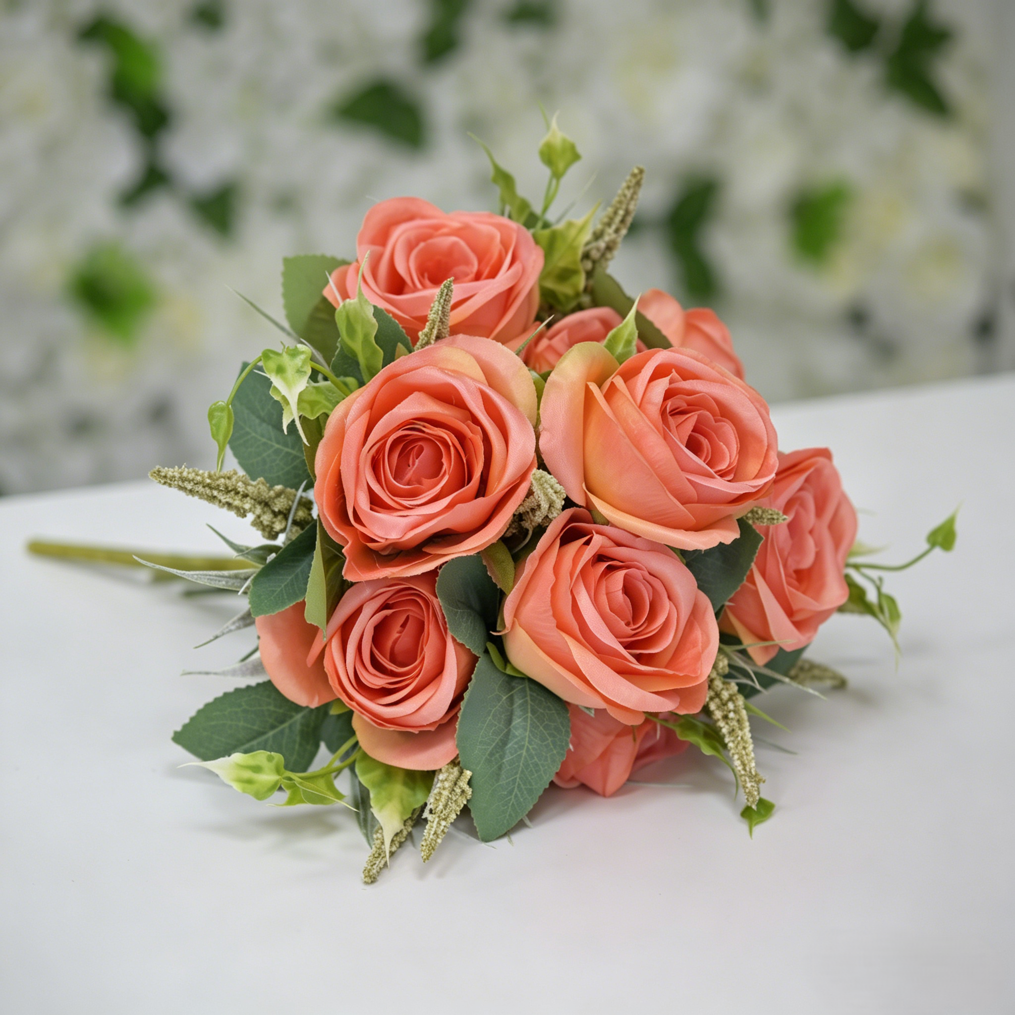 Artificial Coral Rose Bouquet with Greenery for Wedding & Home Decor