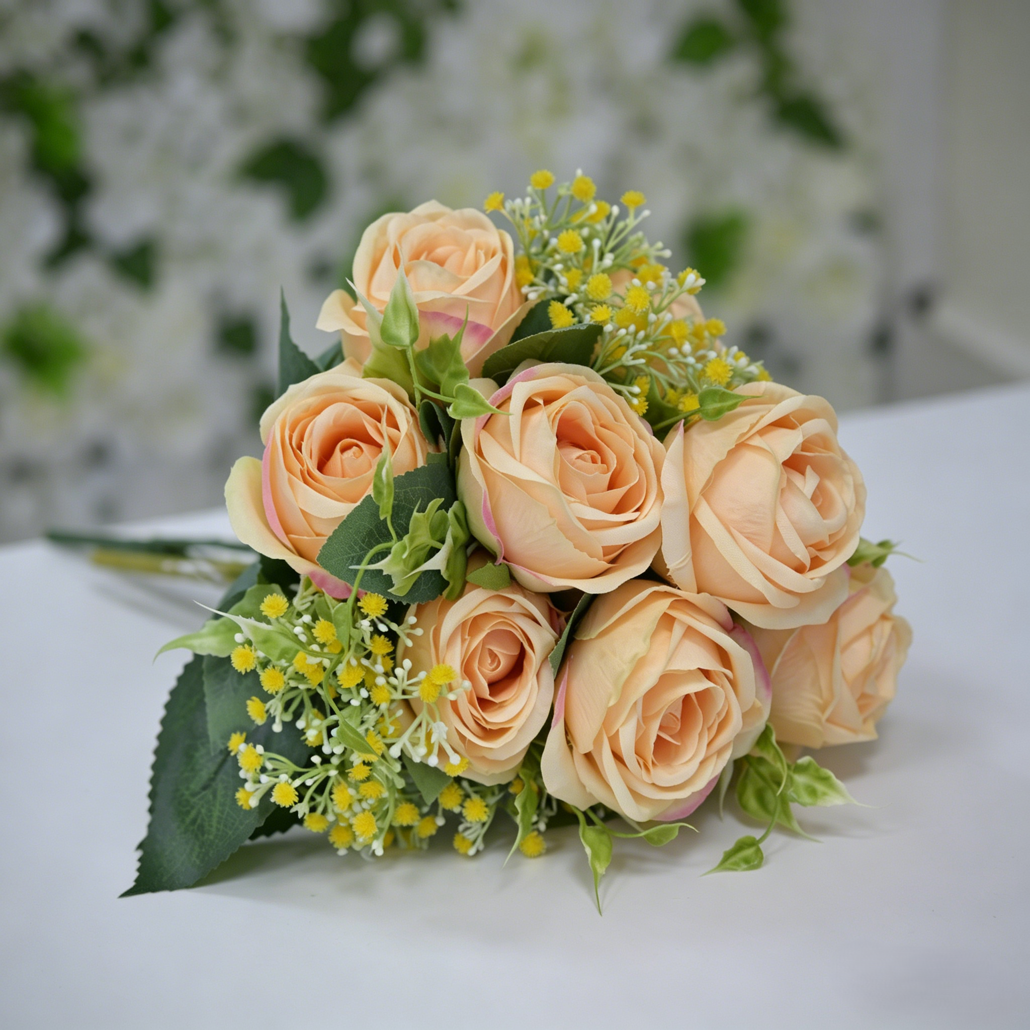 Artificial Champagne Rose Bouquet with Baby’s Breath and Greenery