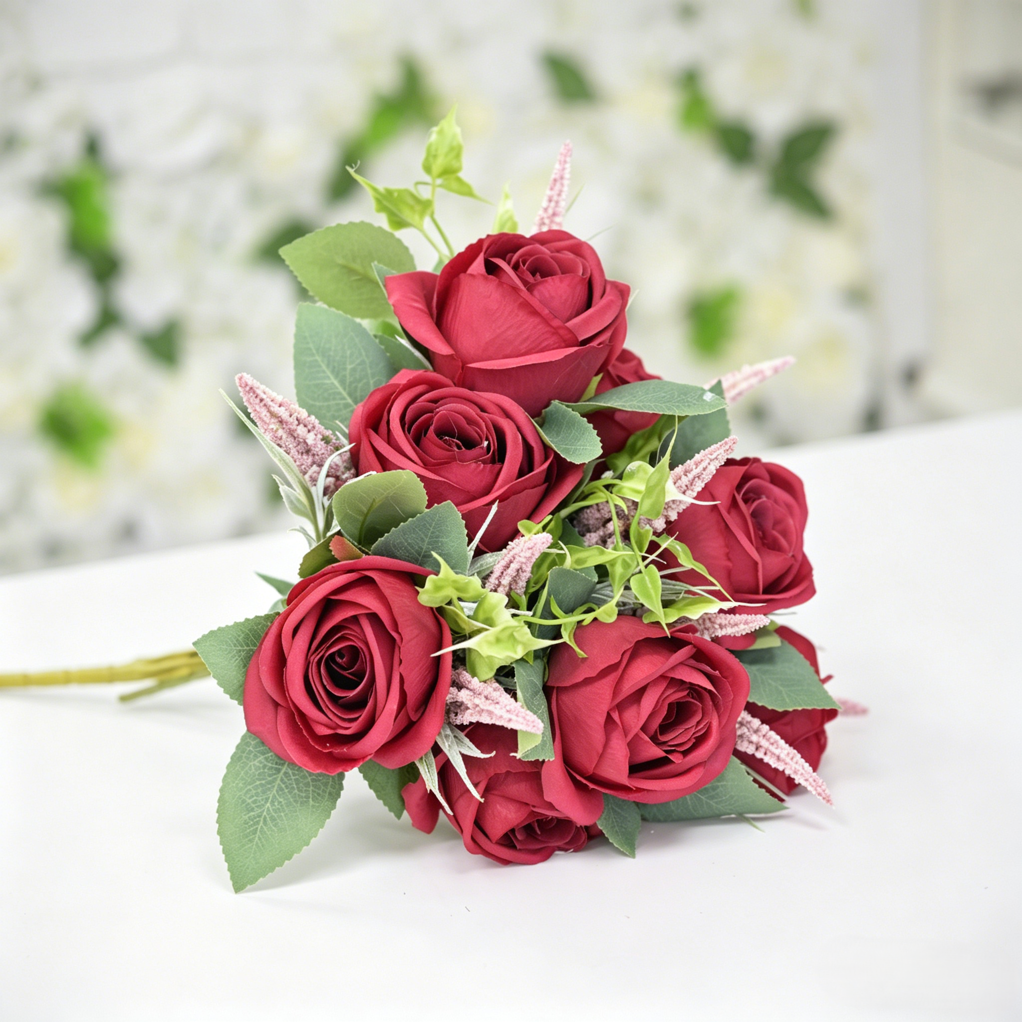 Artificial Burgundy Rose Bouquet with Greenery for Wedding & Home Decor