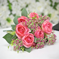 Artificial Hot Pink Rose Bouquet with Baby’s Breath and Greenery