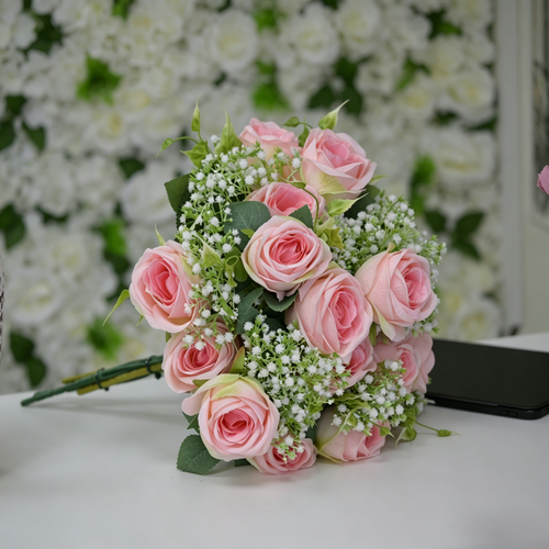 Artificial Light Pink Rose Bouquet with White Baby’s Breath & Greenery