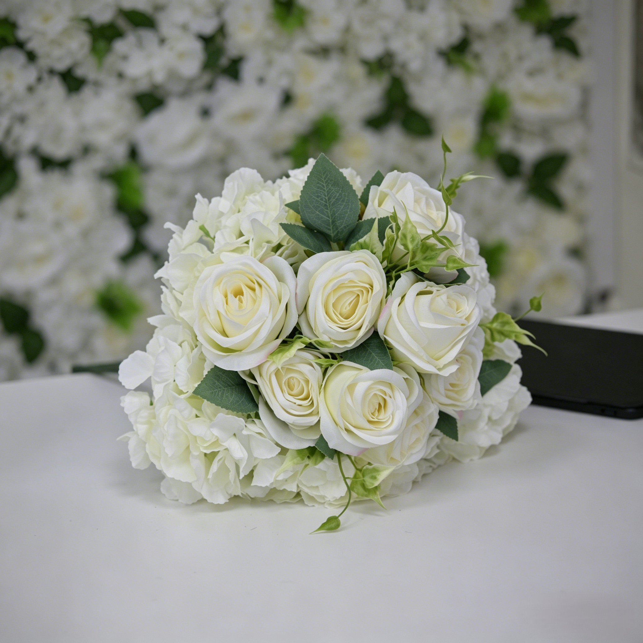 Artificial White Rose & Hydrangea Bouquet with Greenery