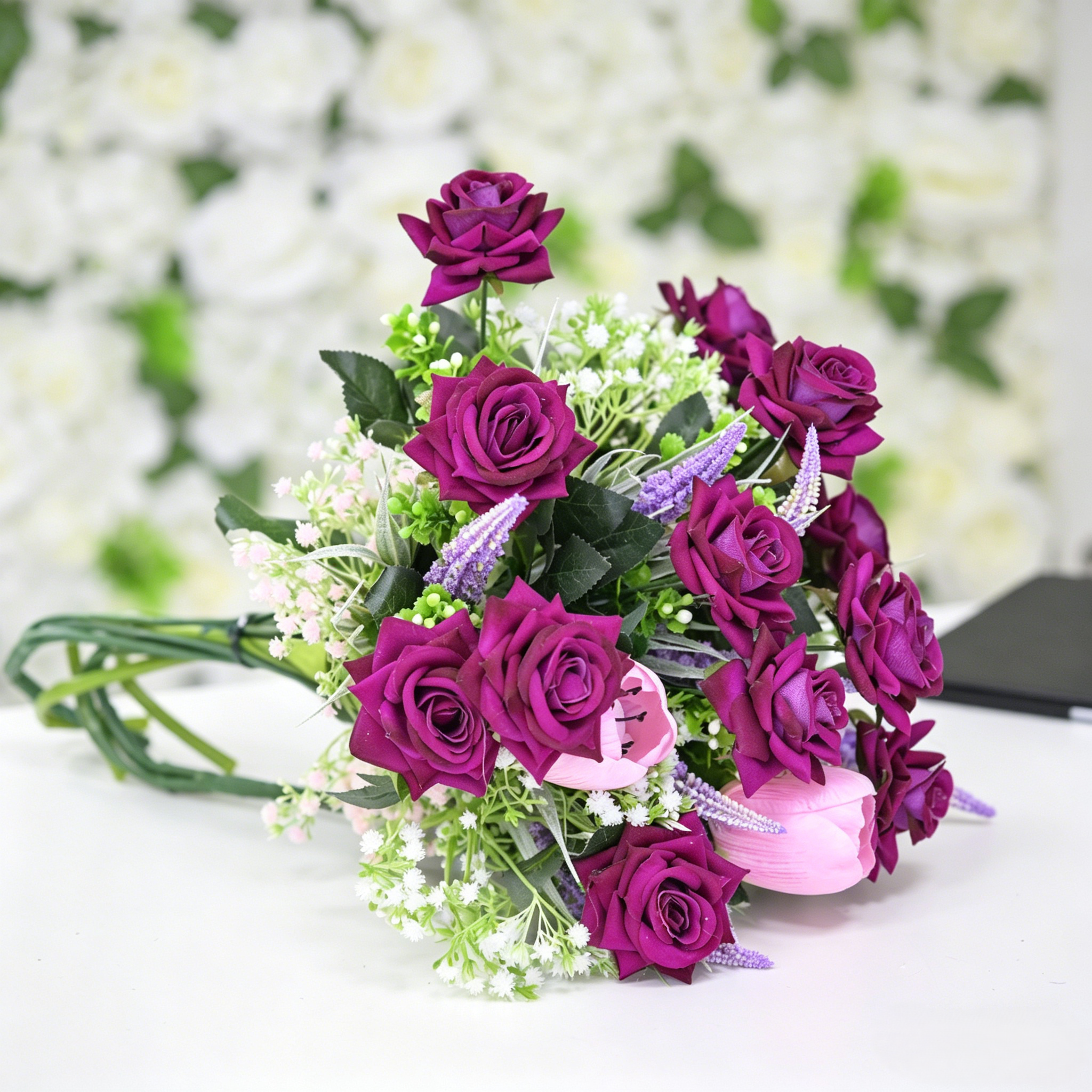 Artificial Dark Purple Rose Bouquet with Pink Tulips, Baby’s Breath & Greenery