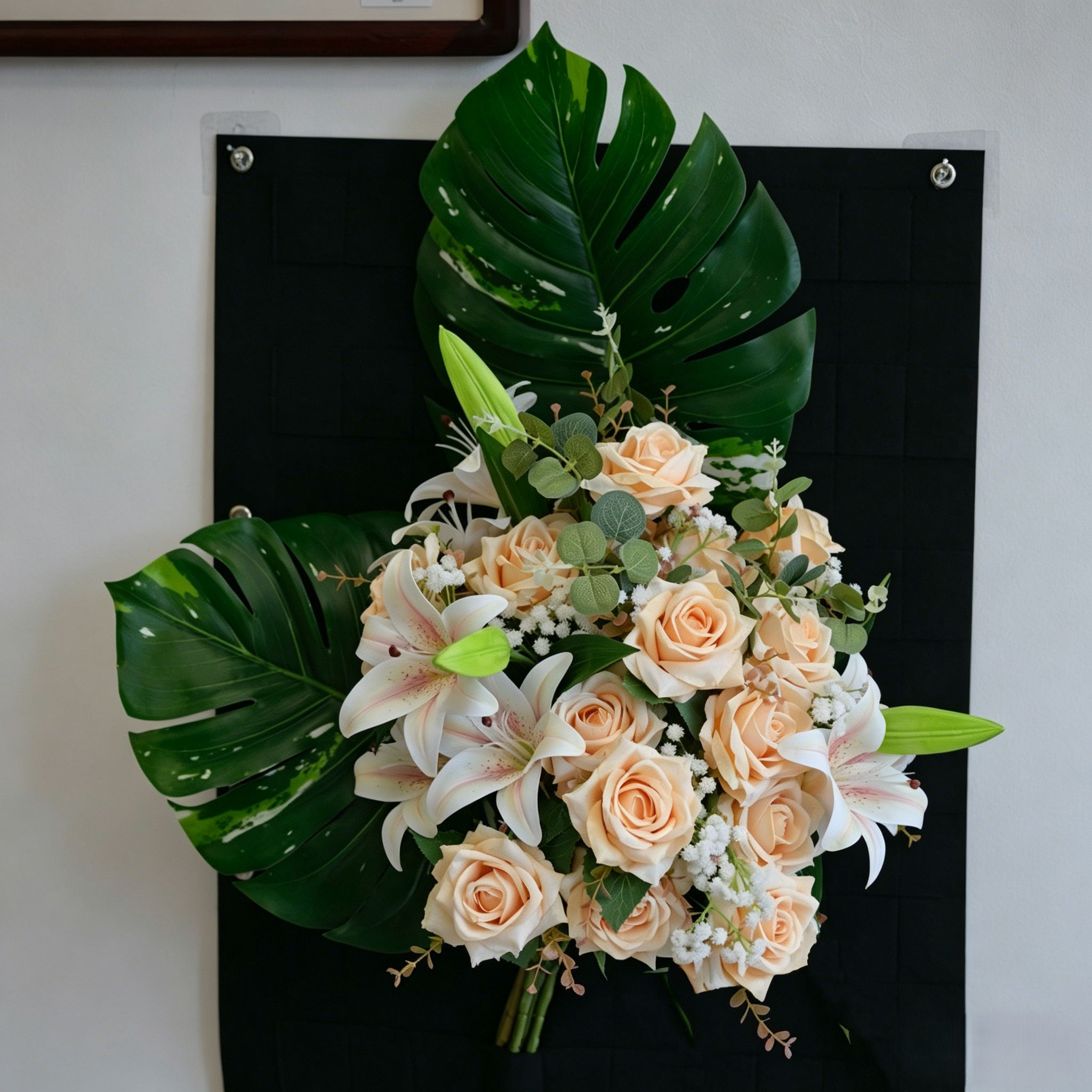 Artificial Champagne Rose & Pink Lily Bouquet with Monstera Leaves