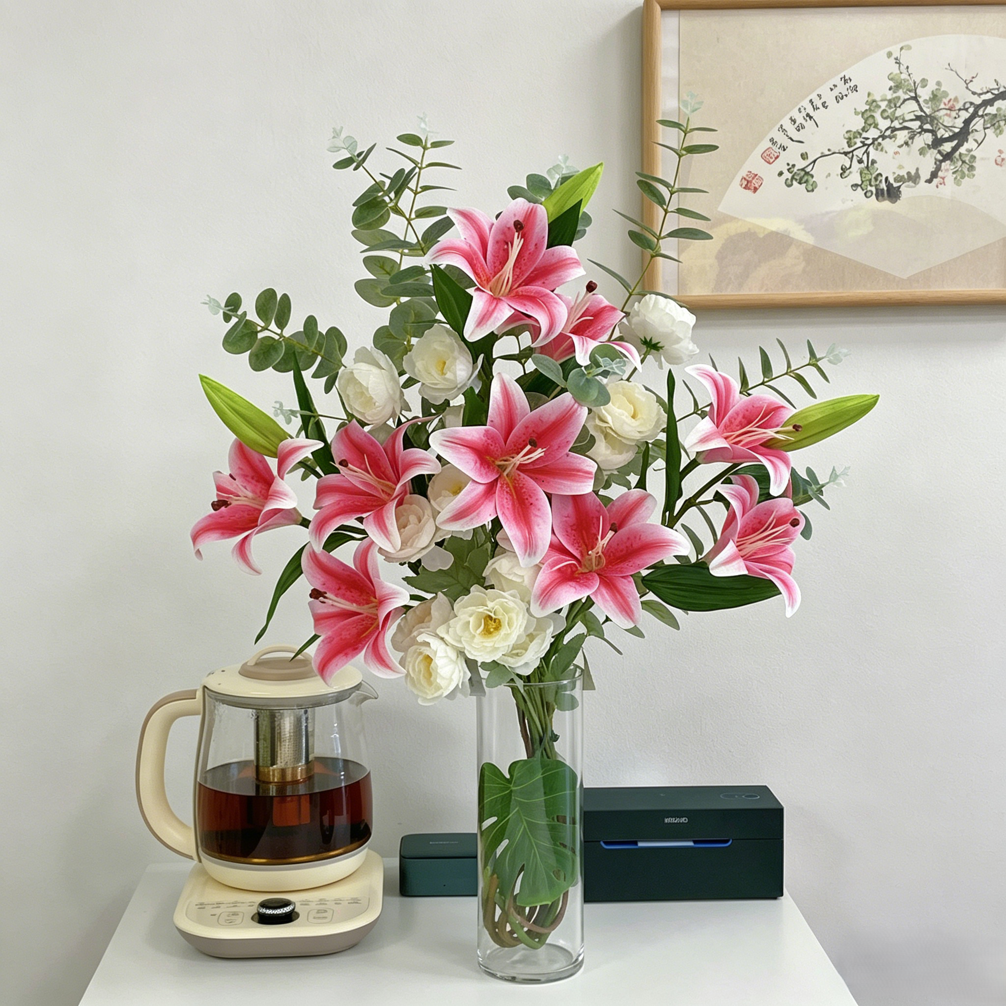 Artificial Pink Lily & White Rose Vase Arrangement with Eucalyptus