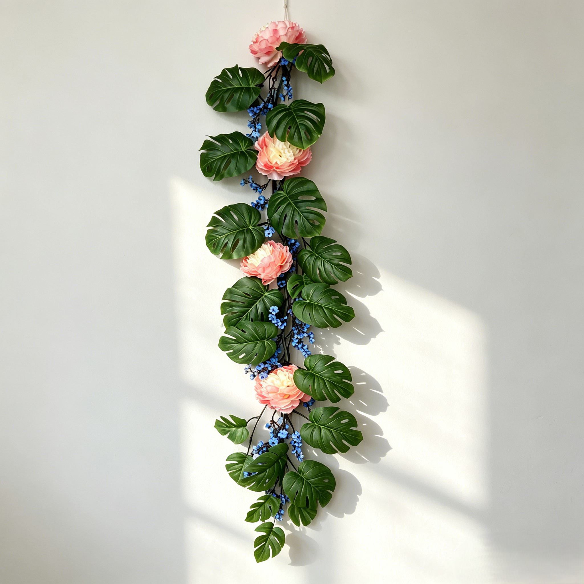 Artificial Hanging Floral Garland with Monstera Leaves & Pink Peonies