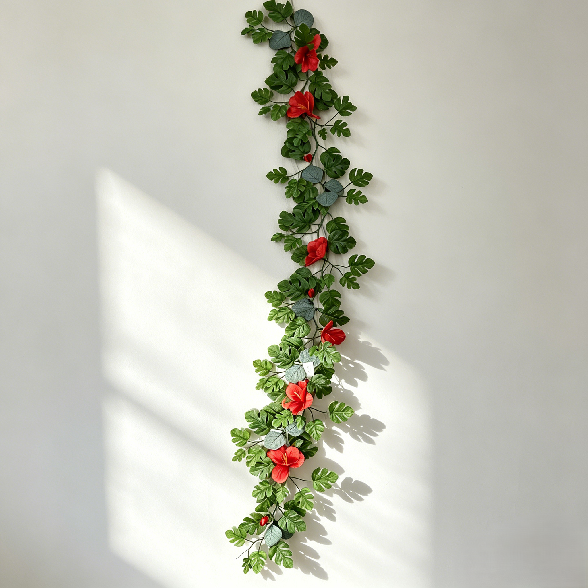 Artificial Tropical Hanging Vine with Monstera Leaves & Red Hibiscus Flowers