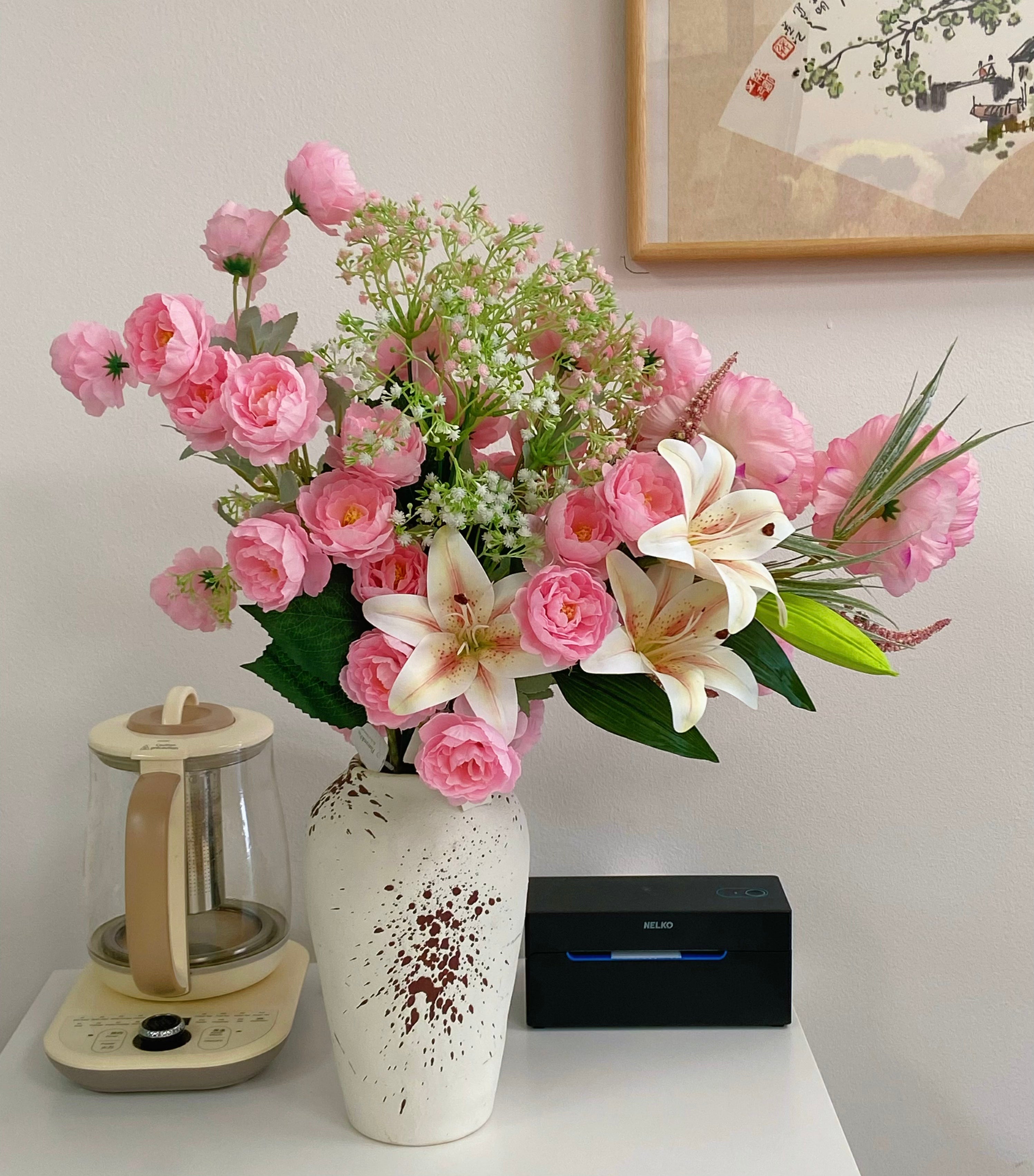 Artificial Two-Sided Pink Flower Arrangement with Peonies, Lilies & Baby’s Breath