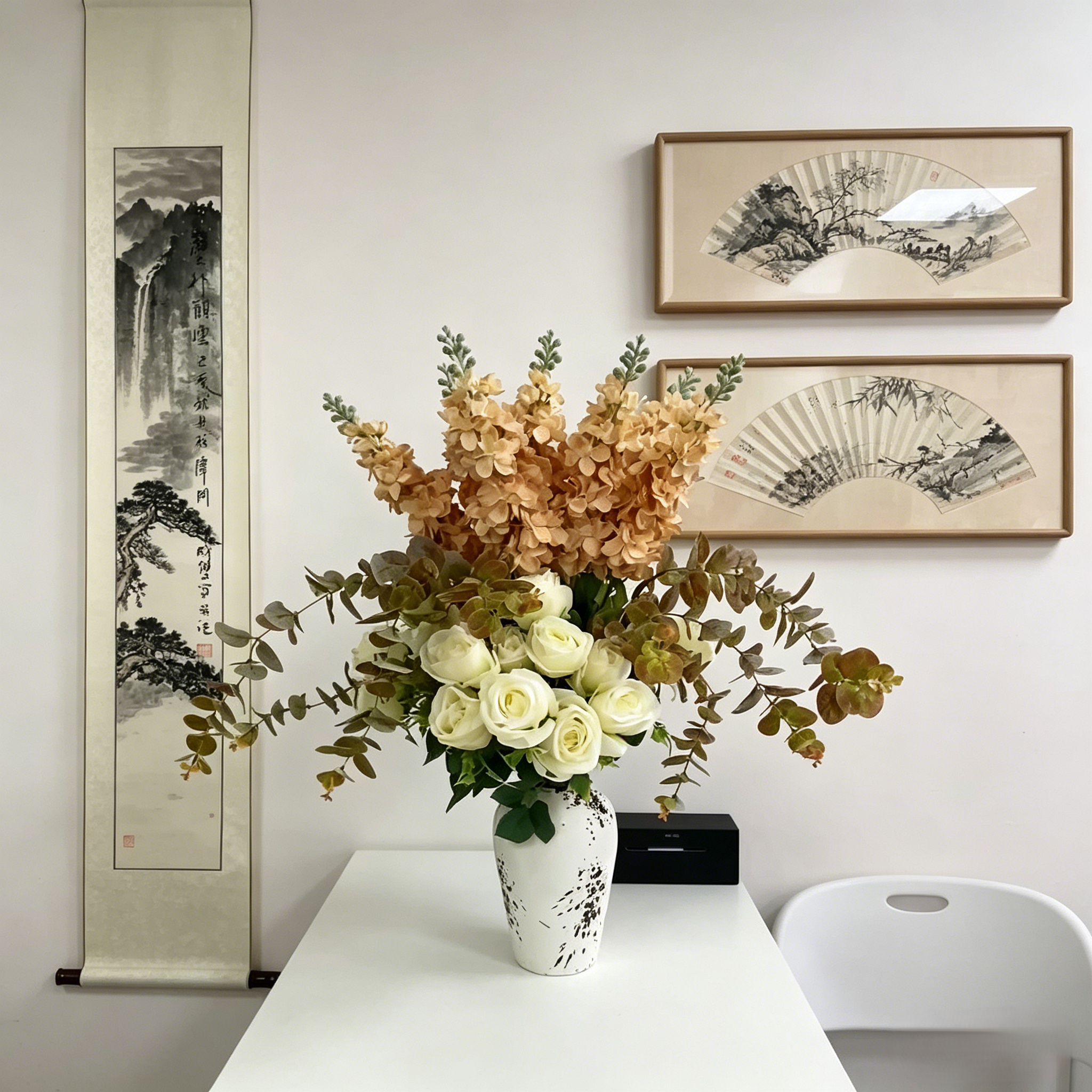 Artificial Champagne Hydrangea & White Rose Bouquet with Eucalyptus