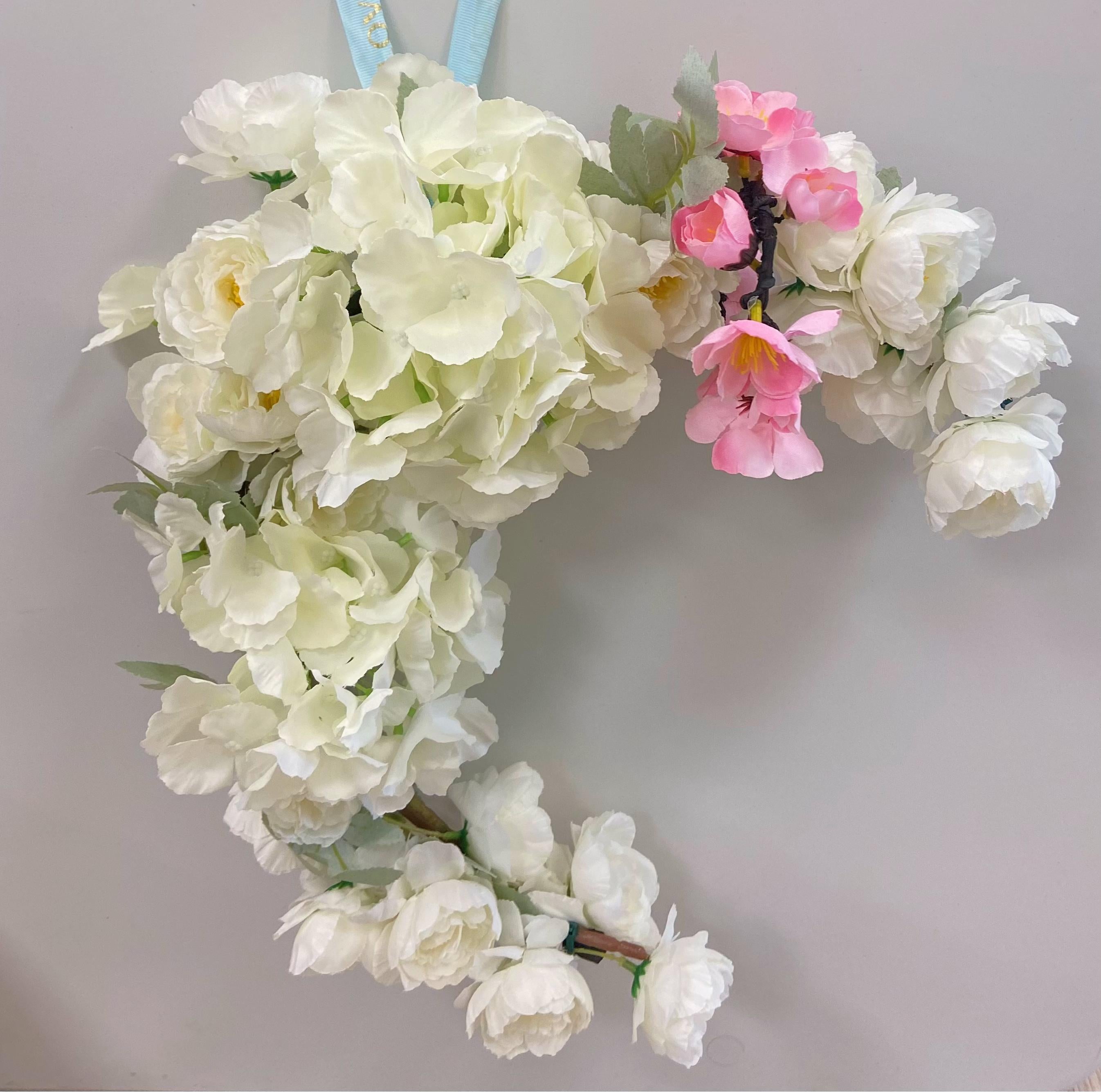 Customization Available|Artificial White & Pink Moon-Shaped Floral Wreath with Peony & Cherry Blossom