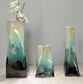 Handmade Reactive Glaze Ceramic Vase with Twisted Sculptural Body, Green & Cream Gradient | Modern Flower Vase for Home Decor
