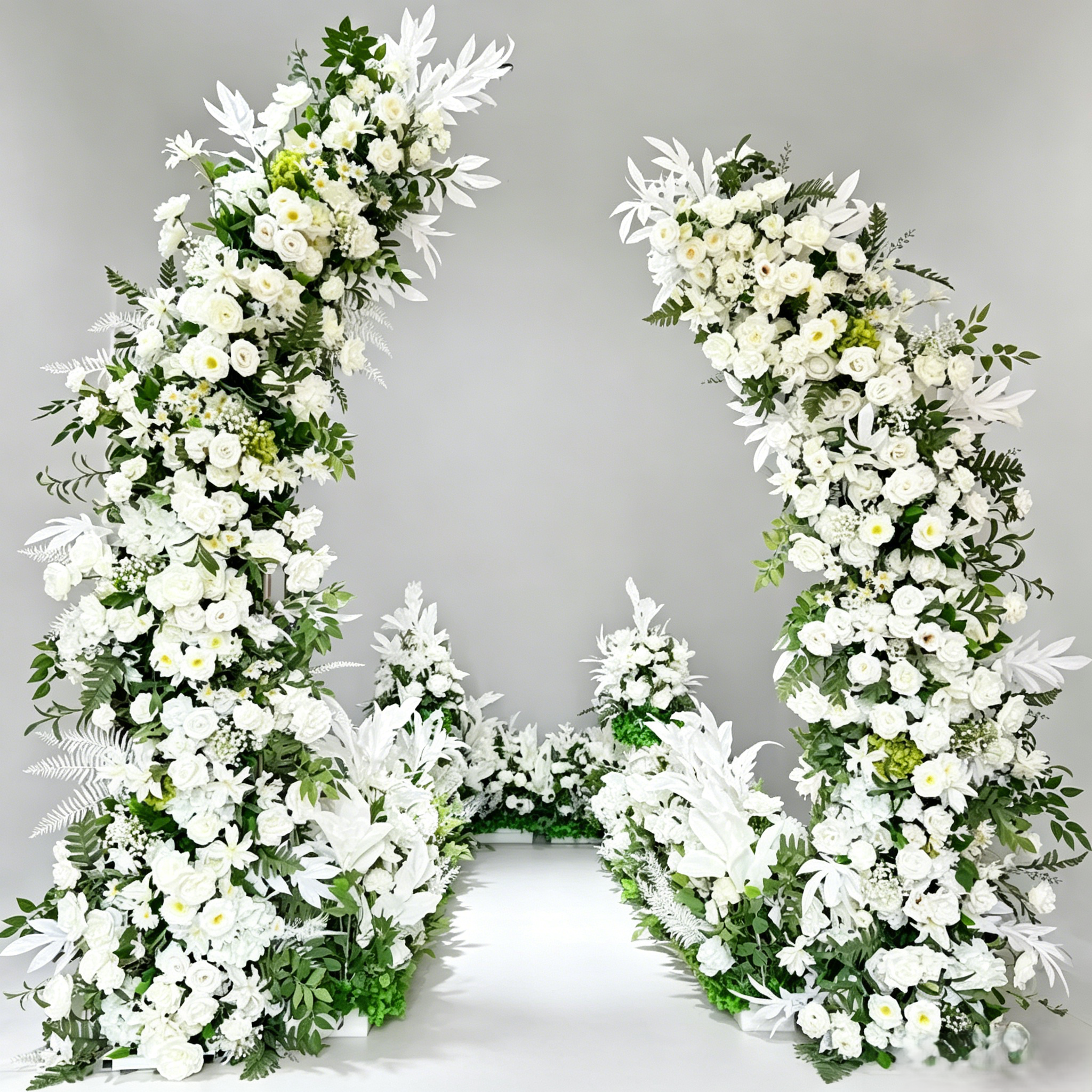 Asymmetrical White Floral Arch Set Greenery Foliage Wedding Ceremony Aisle Photo Backdrop Decor