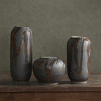 Matte Charcoal Gray Ceramic Tall Cylinder Vase with Gold Drip Glaze | Modern Rustic Home Decor