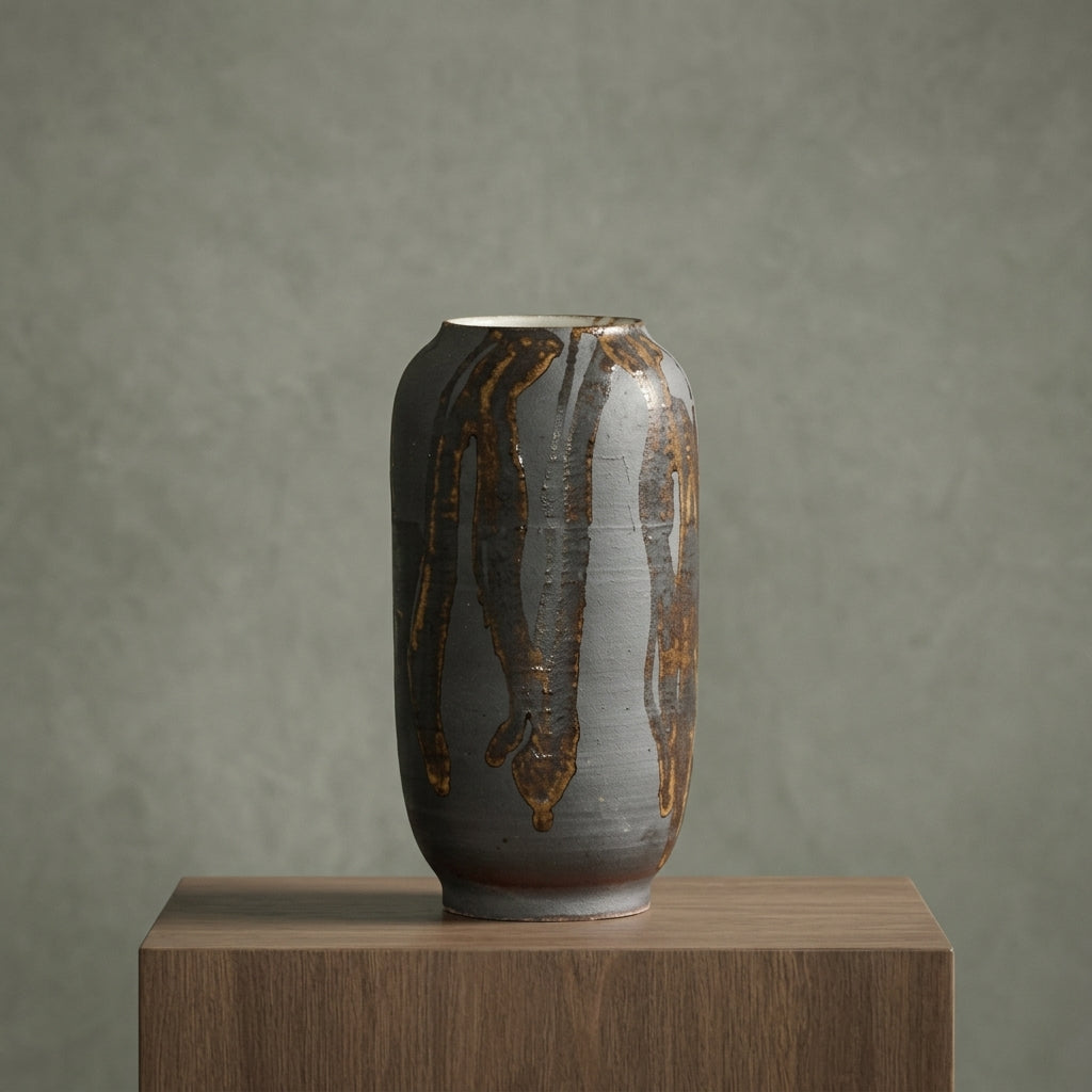 Matte Charcoal Gray Ceramic Tall Cylinder Vase with Gold Drip Glaze | Modern Rustic Home Decor