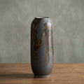 Matte Charcoal Gray Ceramic Tall Cylinder Vase with Gold Drip Glaze | Modern Rustic Home Decor