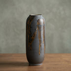 Matte Charcoal Gray Ceramic Tall Cylinder Vase with Gold Drip Glaze | Modern Rustic Home Decor