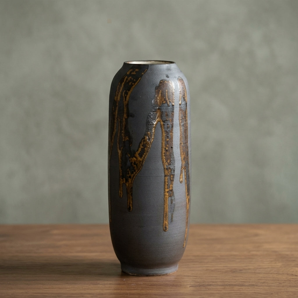 Matte Charcoal Gray Ceramic Tall Cylinder Vase with Gold Drip Glaze | Modern Rustic Home Decor