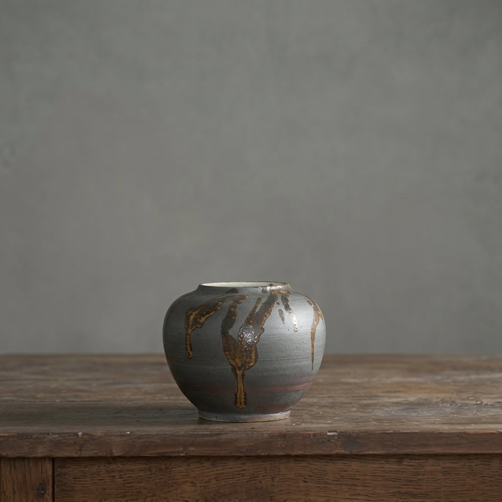 Matte Charcoal Gray Ceramic Tall Cylinder Vase with Gold Drip Glaze | Modern Rustic Home Decor