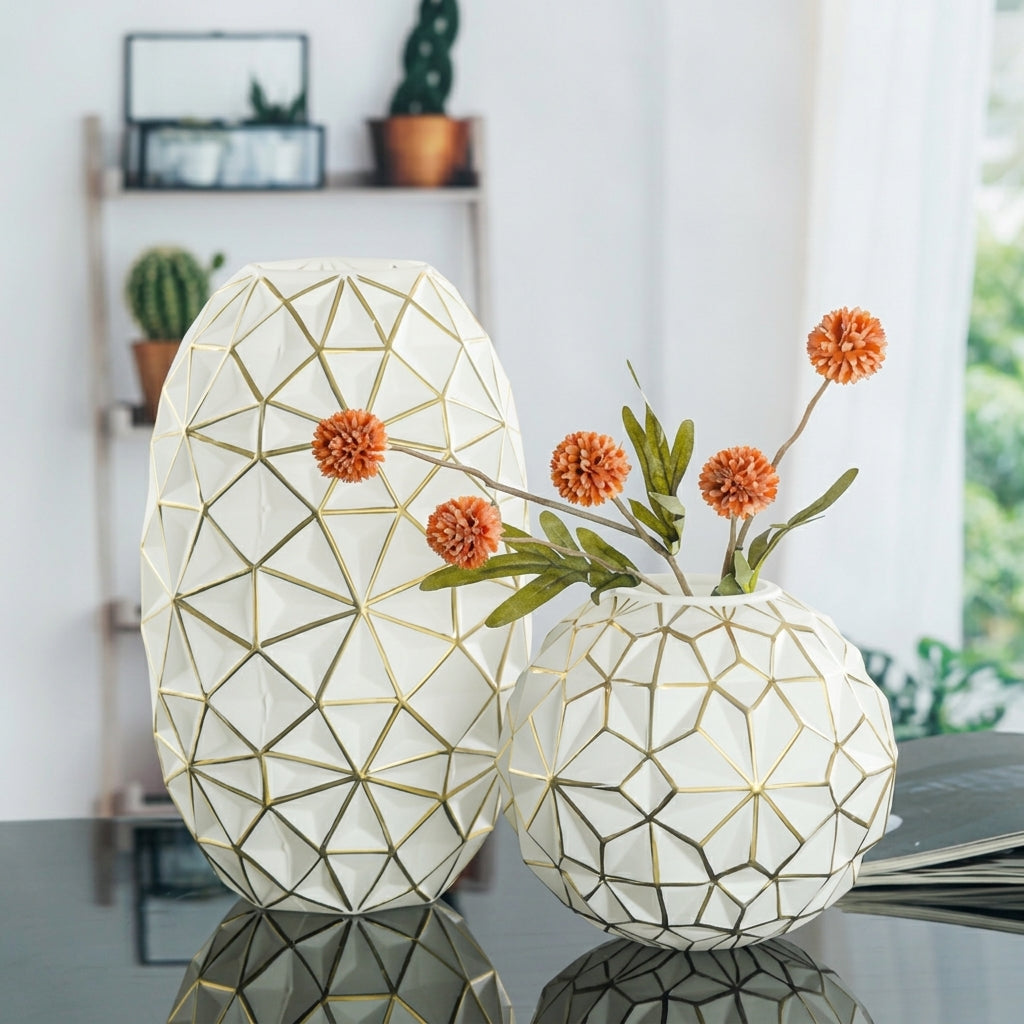 Mini Geometric Glass Vase with Gold Rim, Frosted White | Gold-Trimmed Bud Vase for Shelf Decor