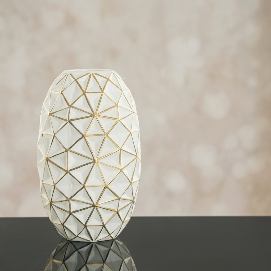 Mini Geometric Glass Vase with Gold Rim, Frosted White | Gold-Trimmed Bud Vase for Shelf Decor