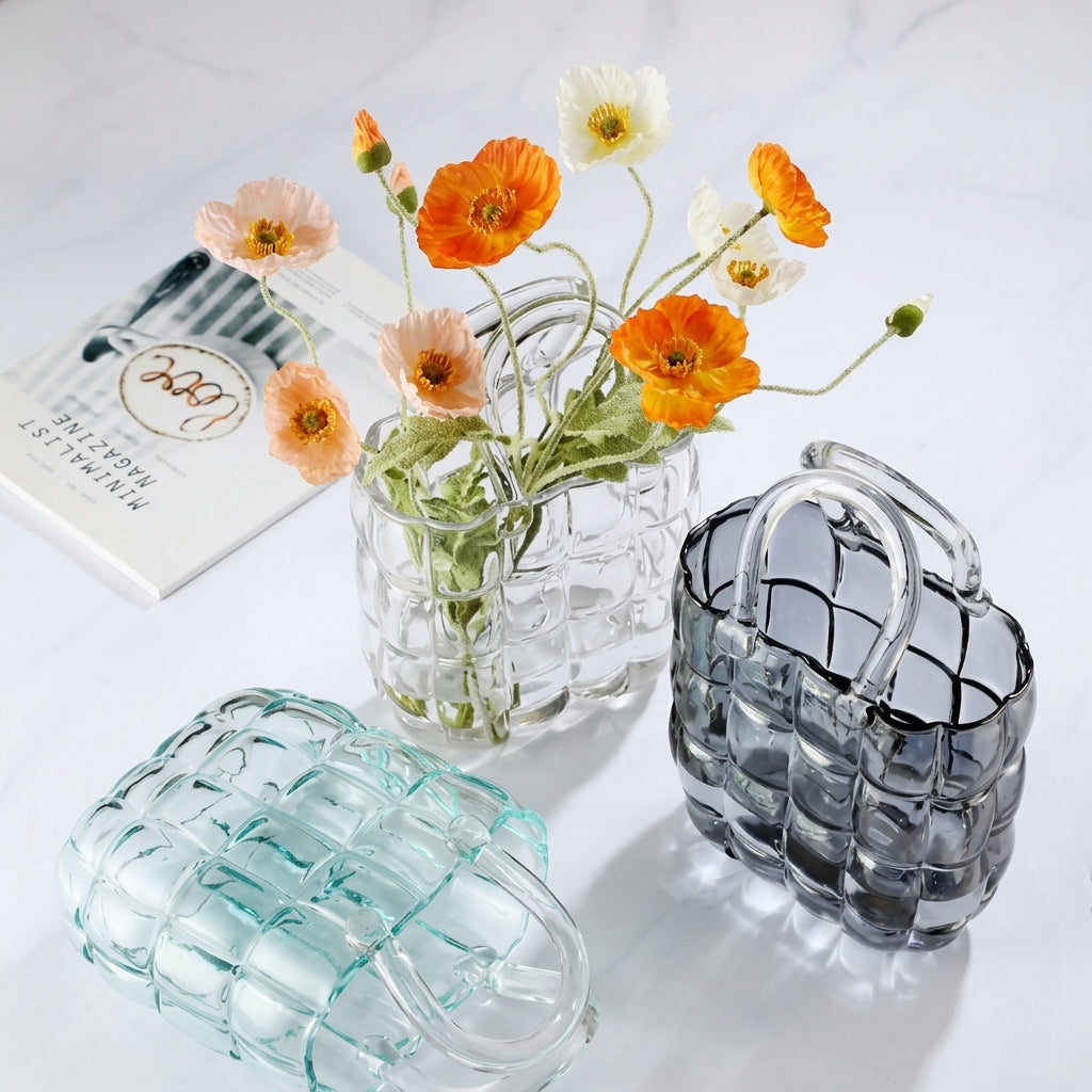 Mini Woven Glass Handbag Basket Vase with Handle | Small Bud Vase for Shelf Decor