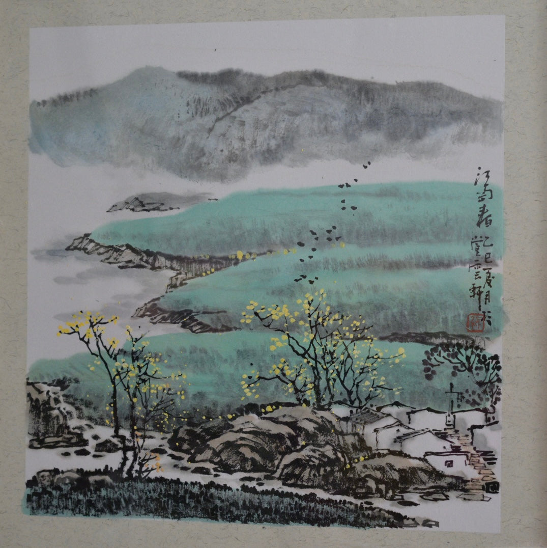 Spring Birds Over Water Village | Customizable Hand-Painted Art