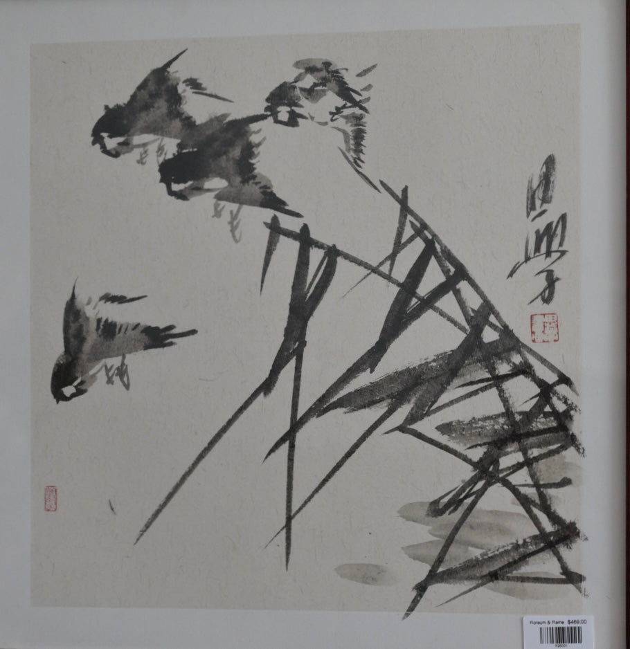 Sparrows Among Reeds | Hand-Painted Chinese Ink Art
